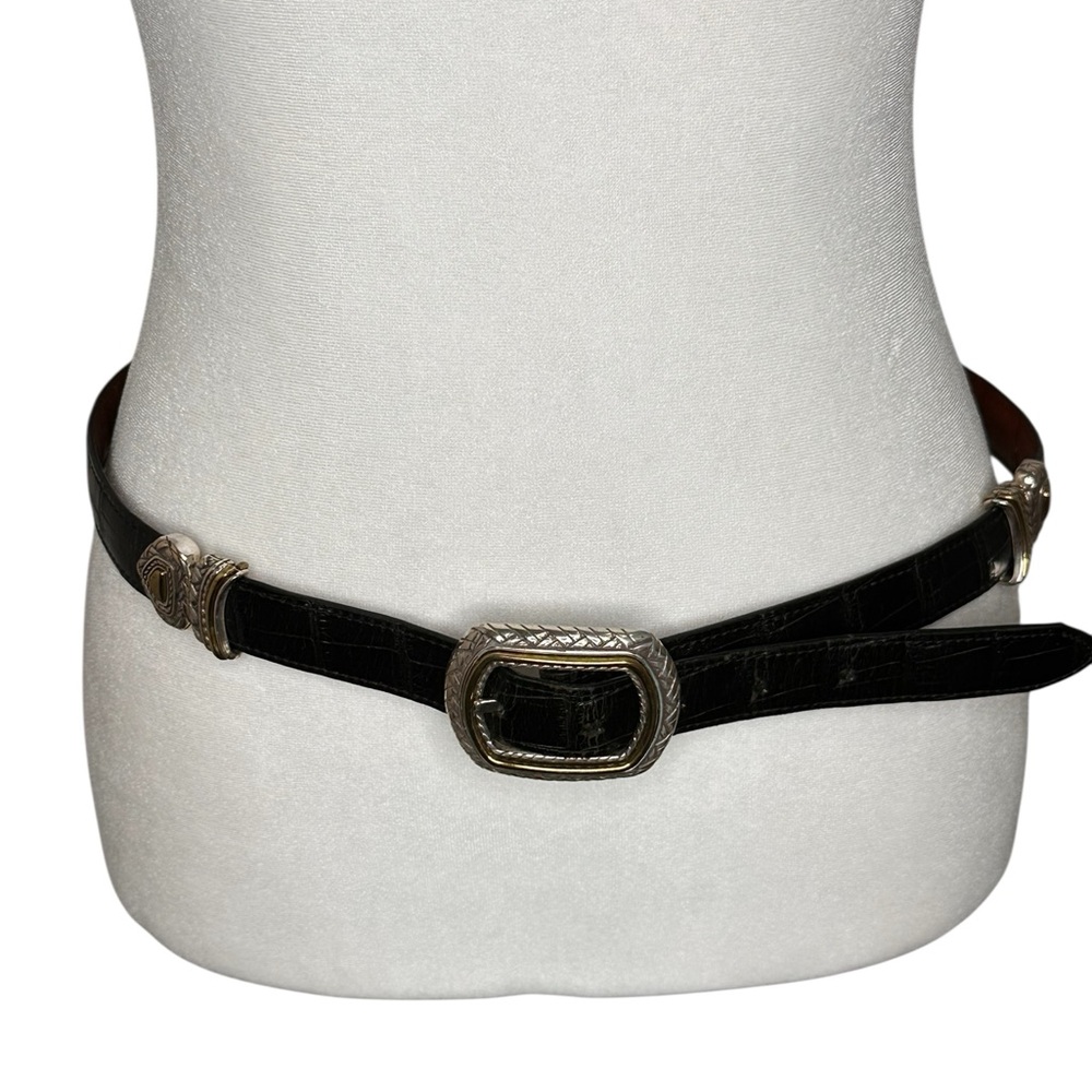 Western Vintage Black and brown Leather Belt with Silver and gold Buckle. 3x1
